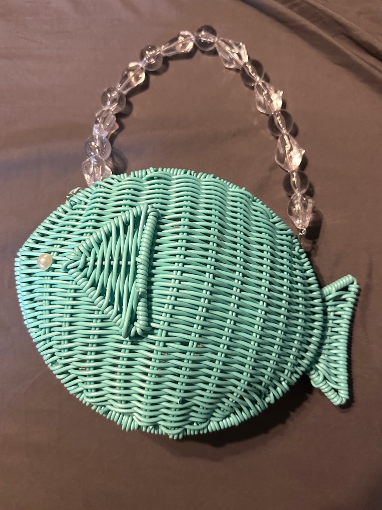 Tommy Bahama Aqua Fish-Shaped Woven Handbag. Beaded Handle + Crossbody Chain Nwt